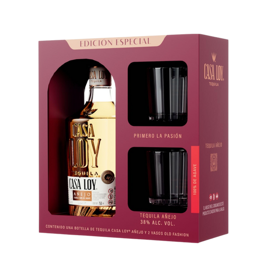 CASA LOY AÑEJO 750 ML + 2 VASOS
